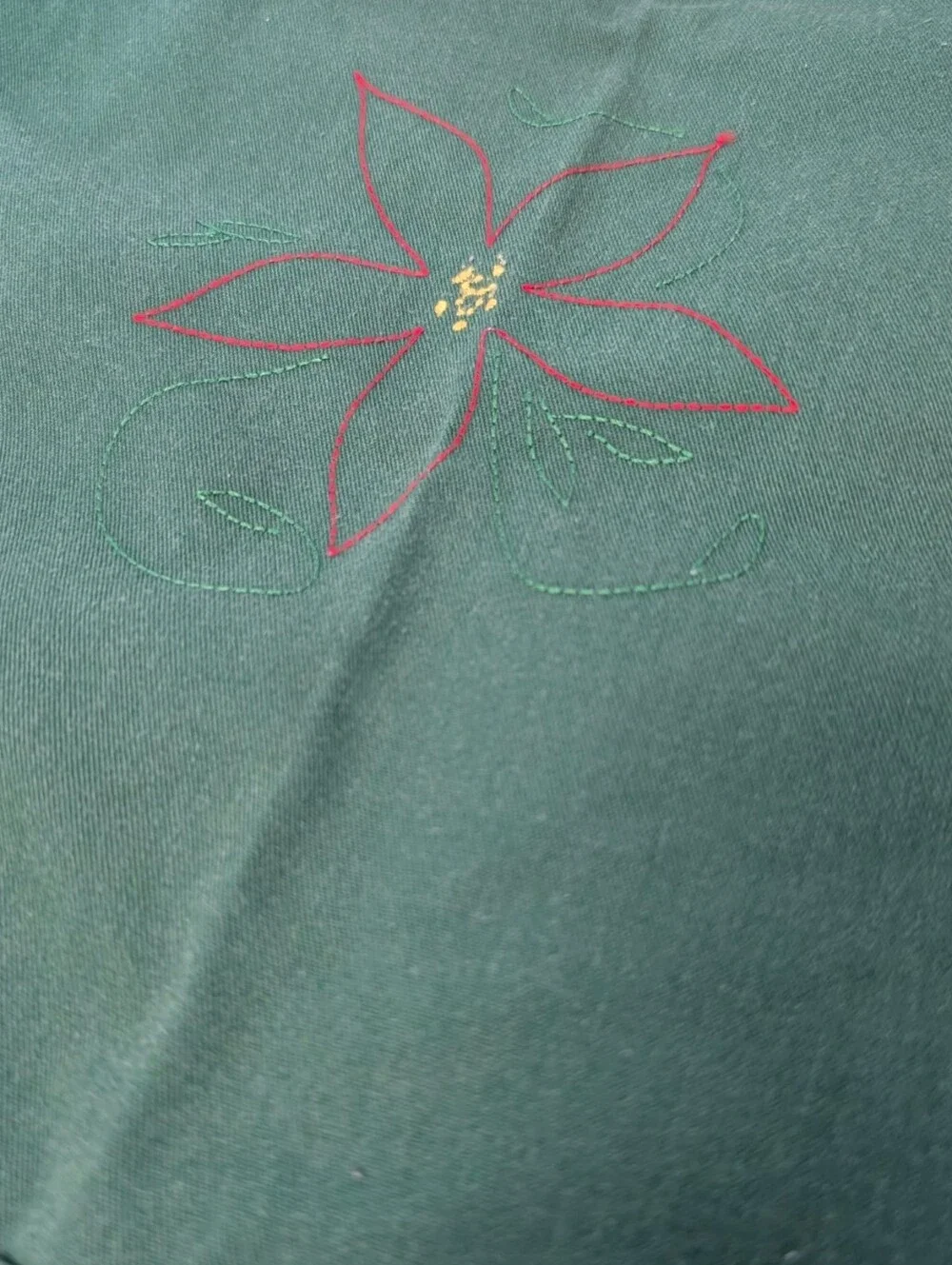 VINTAGE 1970 Christmas Apron Tie-Waist Cotton Forest Green Embroidered Poinsetta